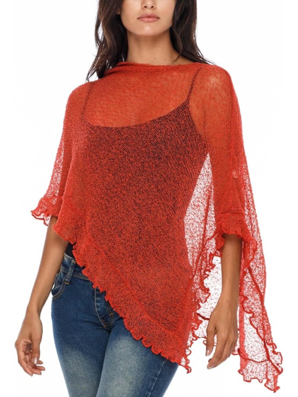 Women Burnt Orange Sheer Knit Poncho Shrug Lightweight Asymmetrical Ruffle Wraps